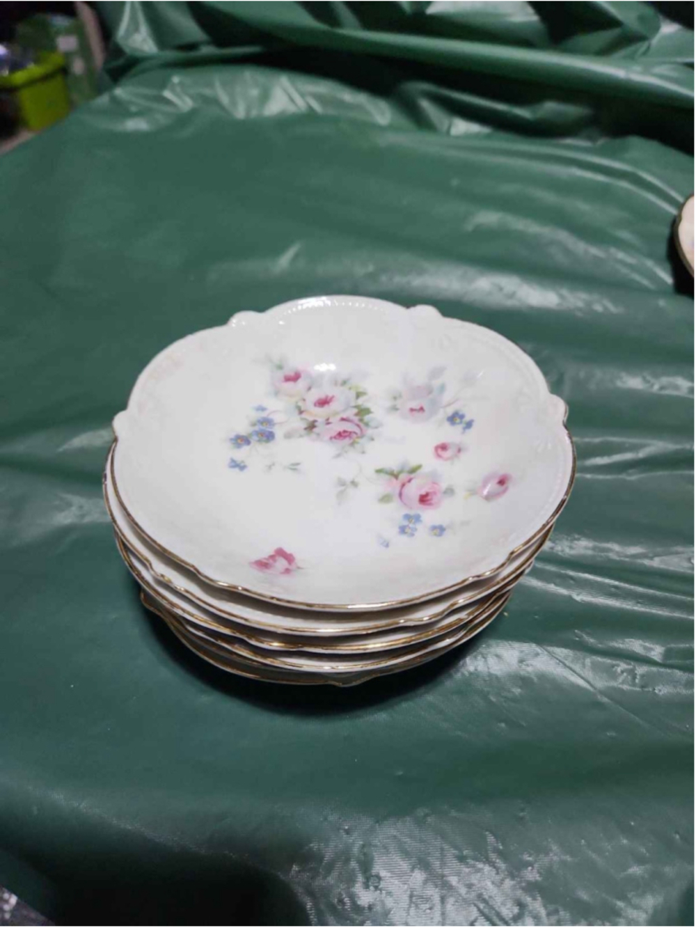 Germany Hand Painted Pink Rose Floral Scalloped Gold Trim Berry Bowls Set
